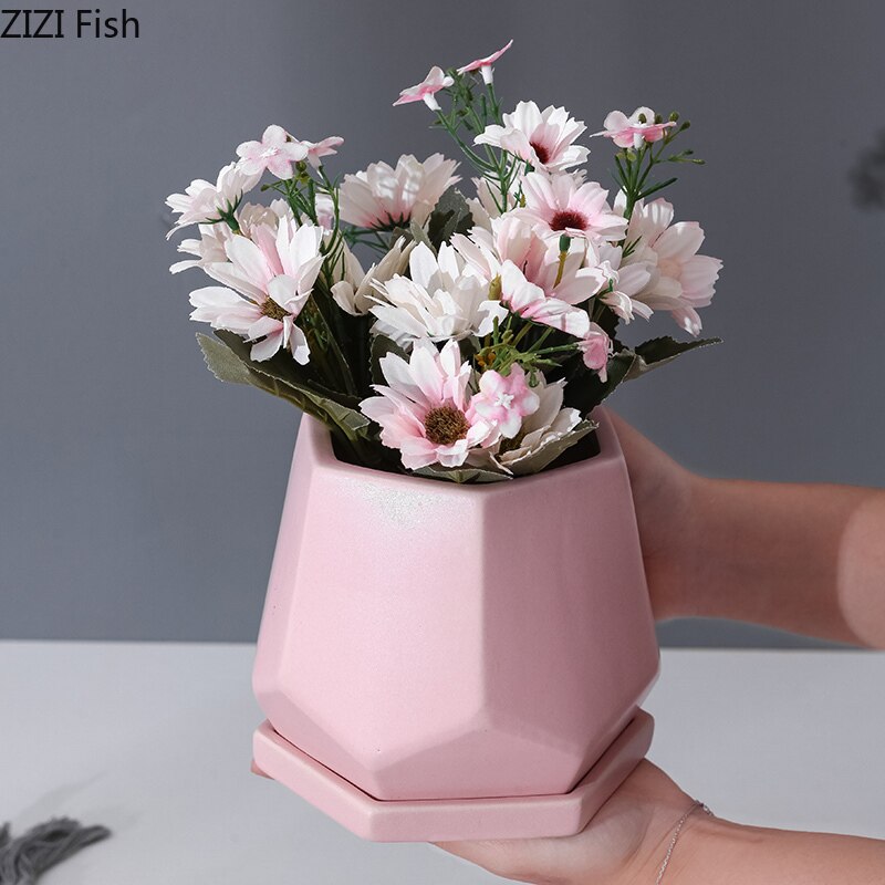 Keramik Blumentopf Geometrische Hexagon Amerikanischen Schreibtisch drinnen und draussen Topf Fleischigen Grünen Dill Rose Topf mit Tablett Heimat Dekor