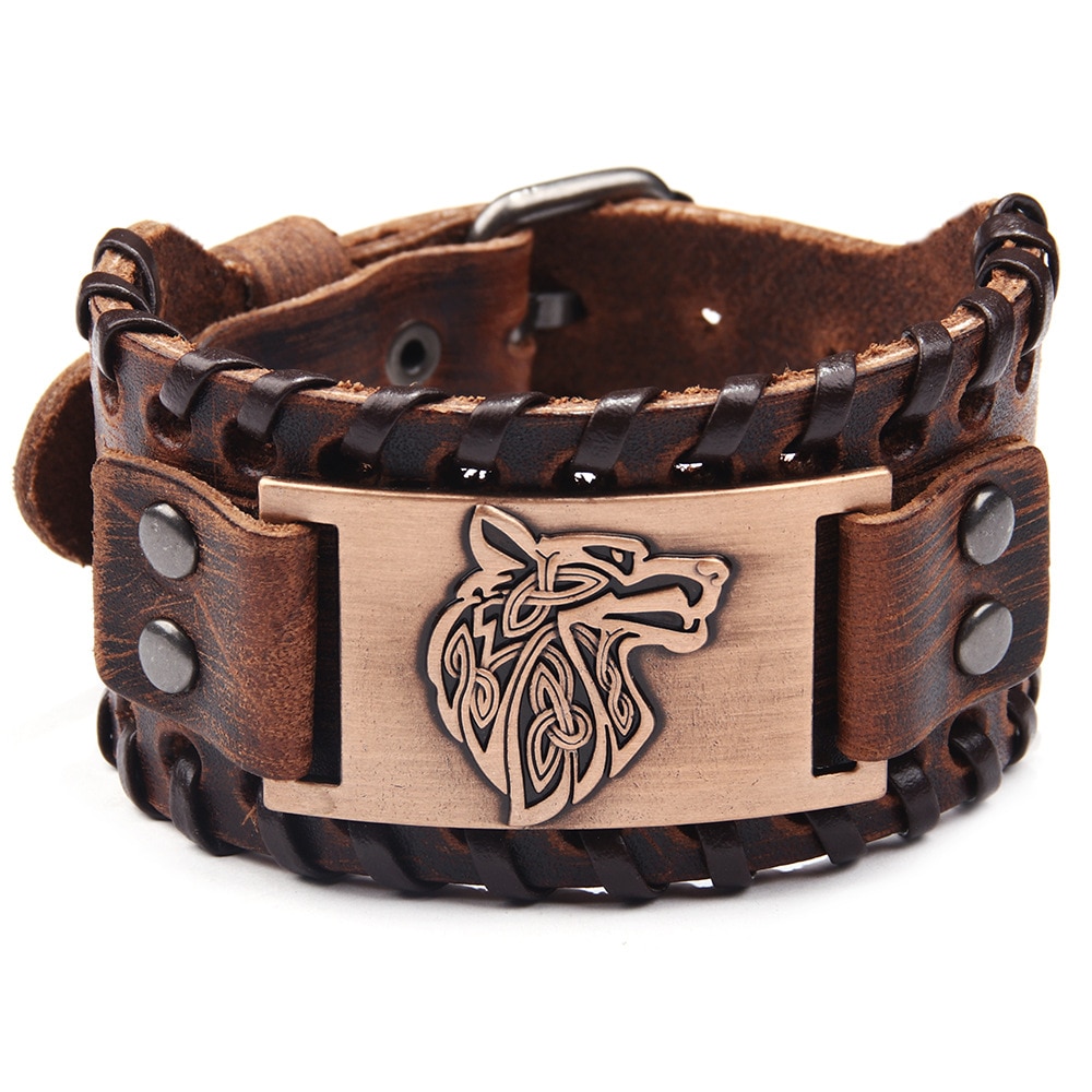 Vintage Mannen Armband Weave Bangle Brede Leren Metalen Verstelbare Viking Charms Punk Wolf Hoofd Armband Sieraden Mannen Armband