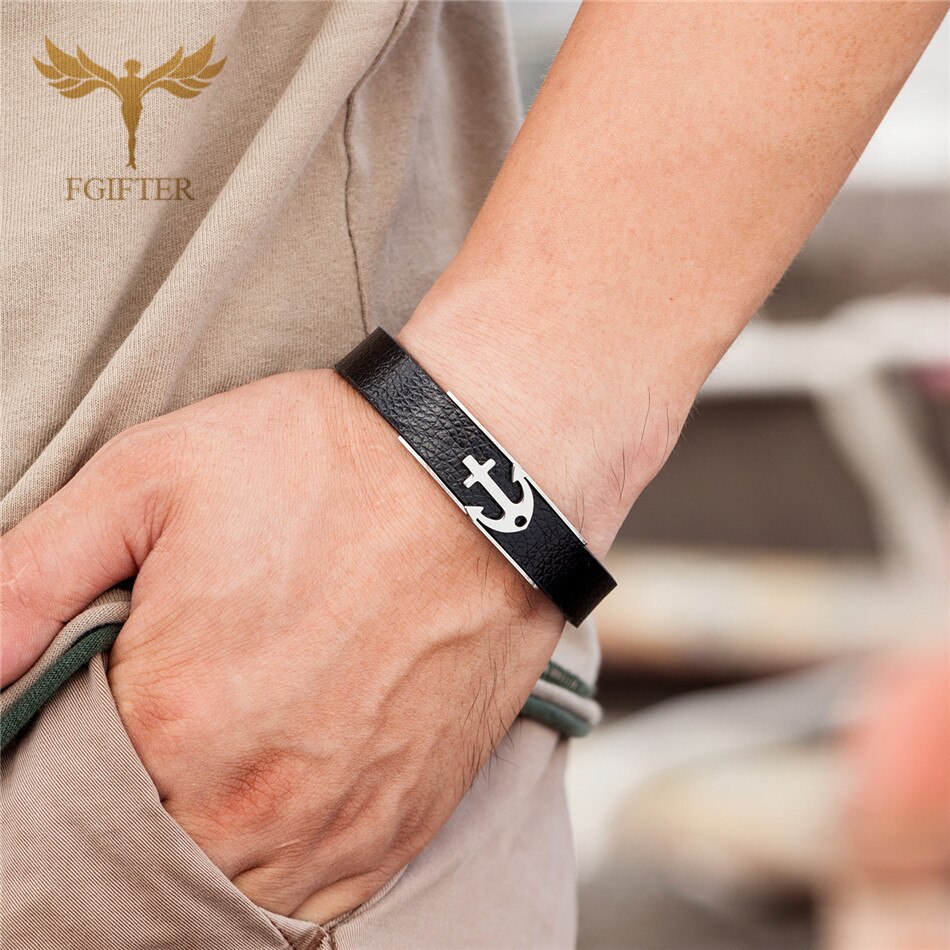 Neue Edelstahl Anker Armbänder Fesseln Schwarz Leder Armbinde Männer Sport Armbinde Schmuck