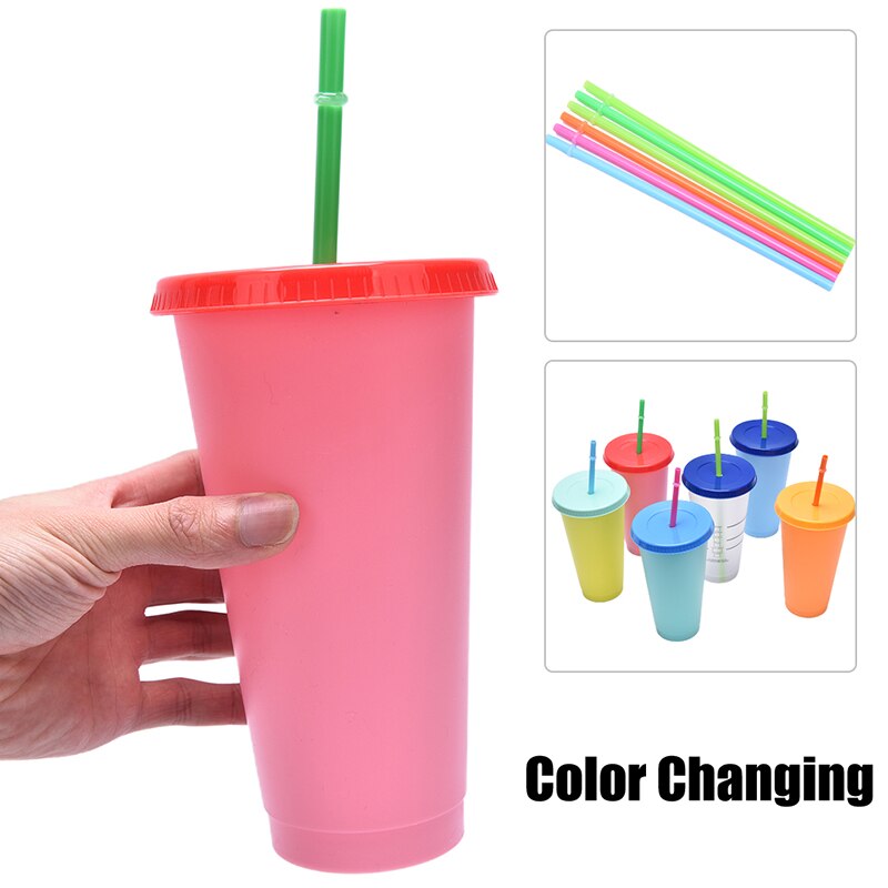 Color Changing Cold Cups Plastic Colorful Cold Water Color Changing Coffee Cup Mug Water Bottles With Straws