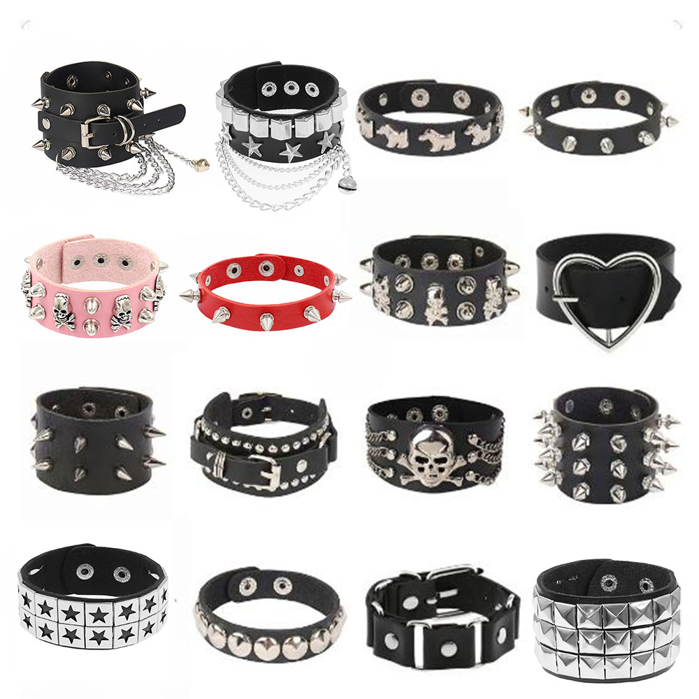 Retro rockröd rosa stjärna dödskalle spikarmband punk hjärtarmband svart nitad pu-läderarmband för män kvinnor herrsmycken