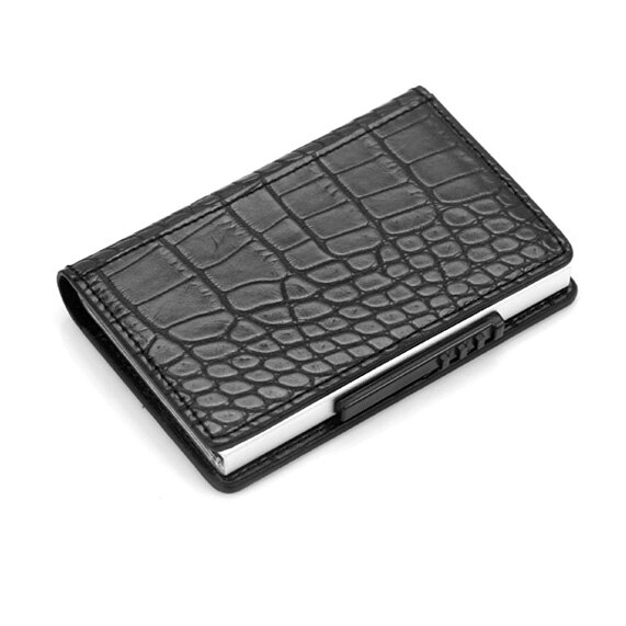 RFID Credit Card Box Case Aluminium+Leather Card Holder Wallet Manual Slider Anti-Scan Card Cover Men Women: black2