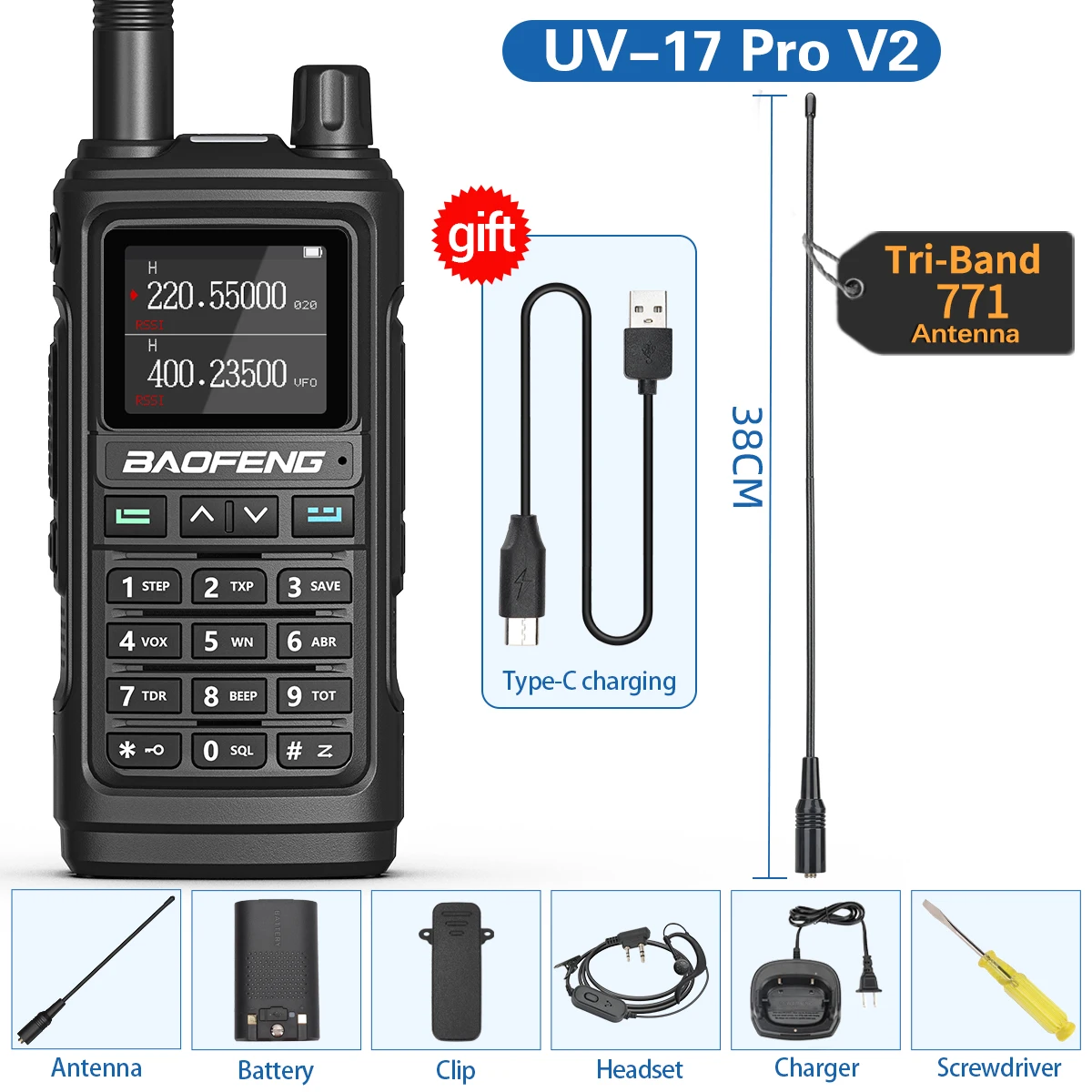 Baofeng UV-17 Pro V2 Walkie Talkie Tri Band Wireless Copy Frequency Long Range powerful Type-C UV-5R UV-21 Pro Ham Two Way Radio: Blue / EU