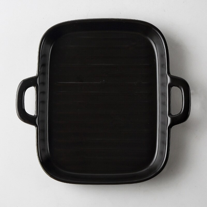 MUZITY Ceramic Baking Plate Round Porcelain Dinner Dish Special Snack or Bread Plate with Handle Bakeware: Square-Black Plate