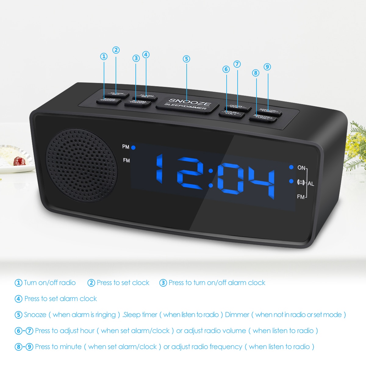 Modern Alarm Clock FM Radio With Alarm Buzzer Snooze Sleep Function Compact Digital LED Time Display Clocks US Plug