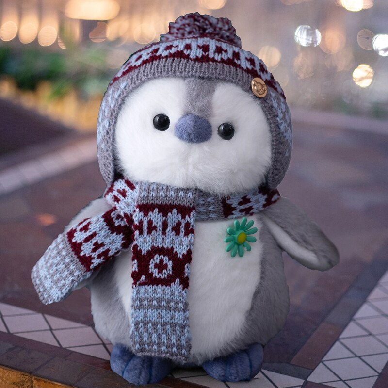 Schattige pluizige pinguïn knuffeldier, knuffeldier, sjaal, muts, aankleedpop, pinguïn, speelgoed voor kinderen, kerst: 25-27cm / Grijs