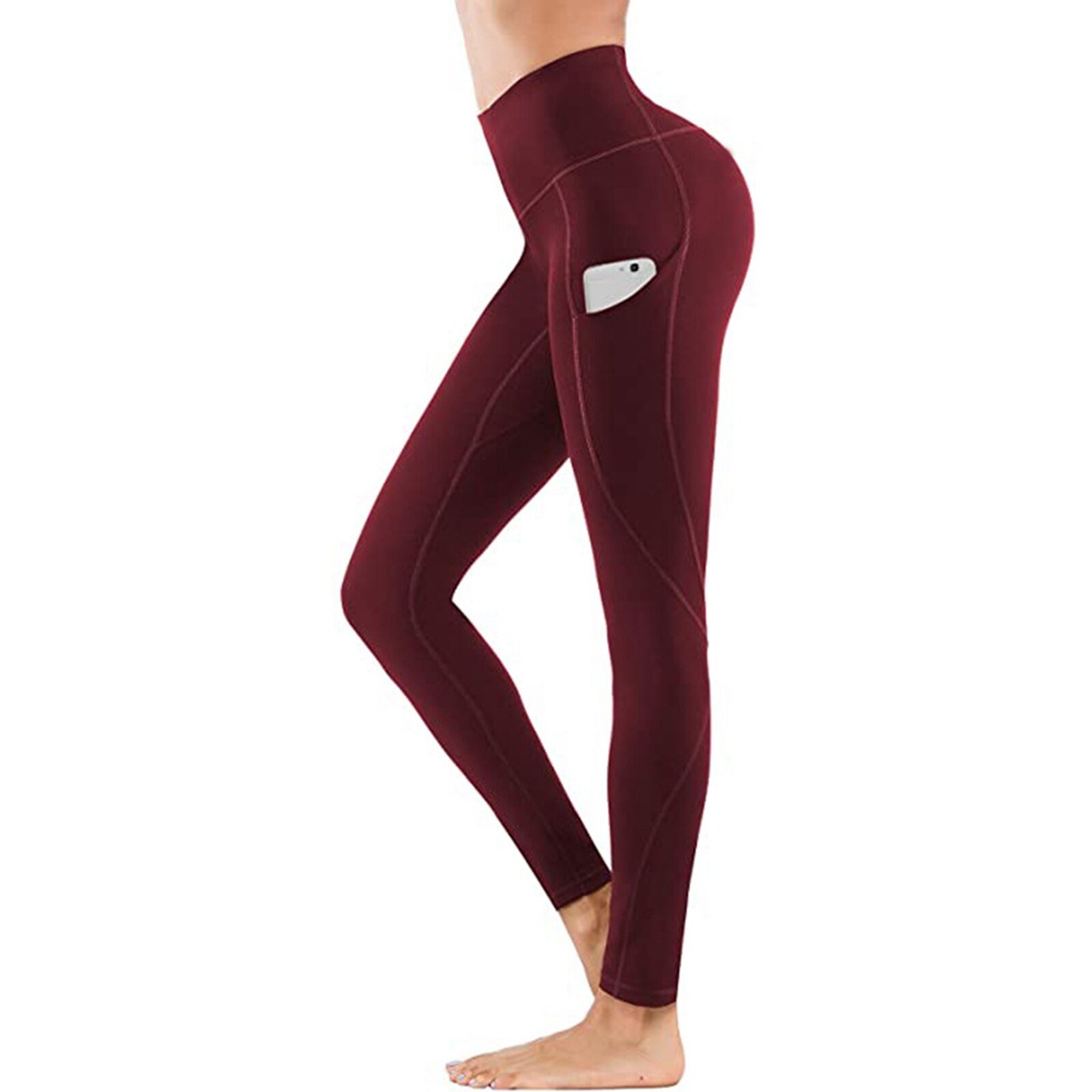 Ladies High-Waist Breathable Slim Fitness Sweatpants Solid Color Tight-Fitting Outdoor Running Clothes: M / wine red