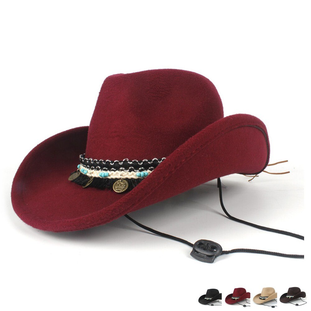 Kvinder kvast uld hule vestlige cowboy hat roll-up brim lady outblack sombrero hombre jazz cap vind reb størrelse 56-58cm