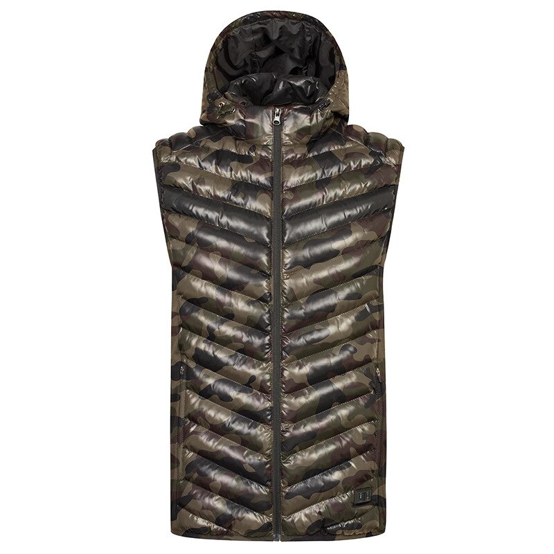 PARATAGO Men Winter Warm USB Heating Vest Down Electric Heated Clothing Male Hooded Superior Self Heat Waistcoat P8132: camouflage / XXL