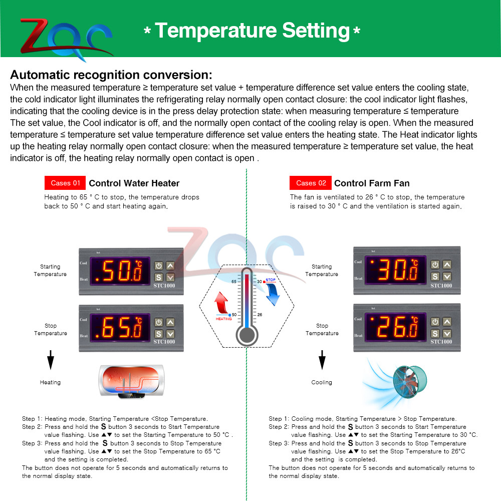 STC-1000 Temperature Controller Thermoregulator for Incubator Refrigerator Heating Cooling DC 12V / 24V / 12 -72V / AC 110 -220V