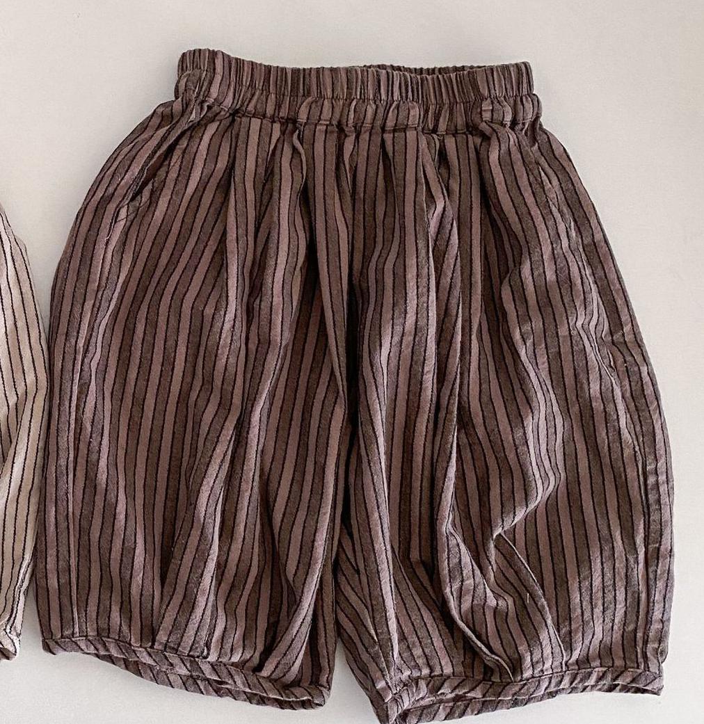 Pantalones cortos de verano para niños, pantalón corto a rayas, holgado, informal, de algodón, combina con todo, L: dark brown / 4T  110cm
