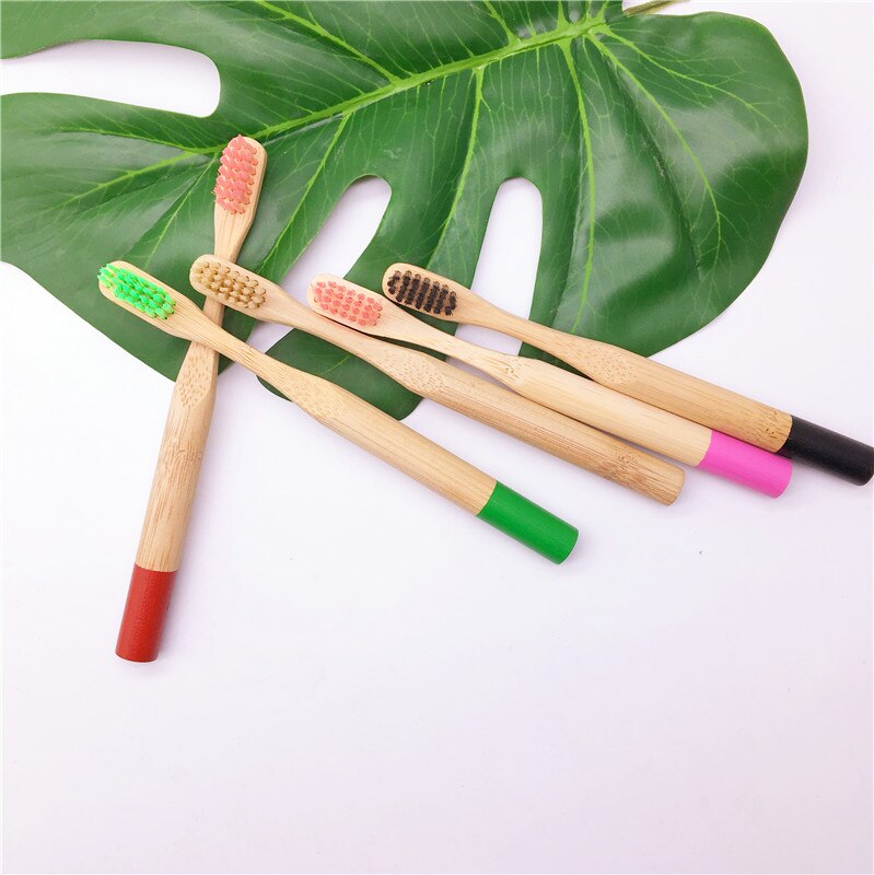 Round handle bamboo toothbrush color bristles set for adults and children