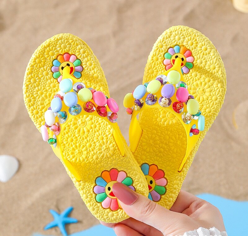 Girls Floral Flip Flops Summer Baby Cartoon Sandals Princess Flip-flops Children's Beach Shoes Colorful Beads Sandals