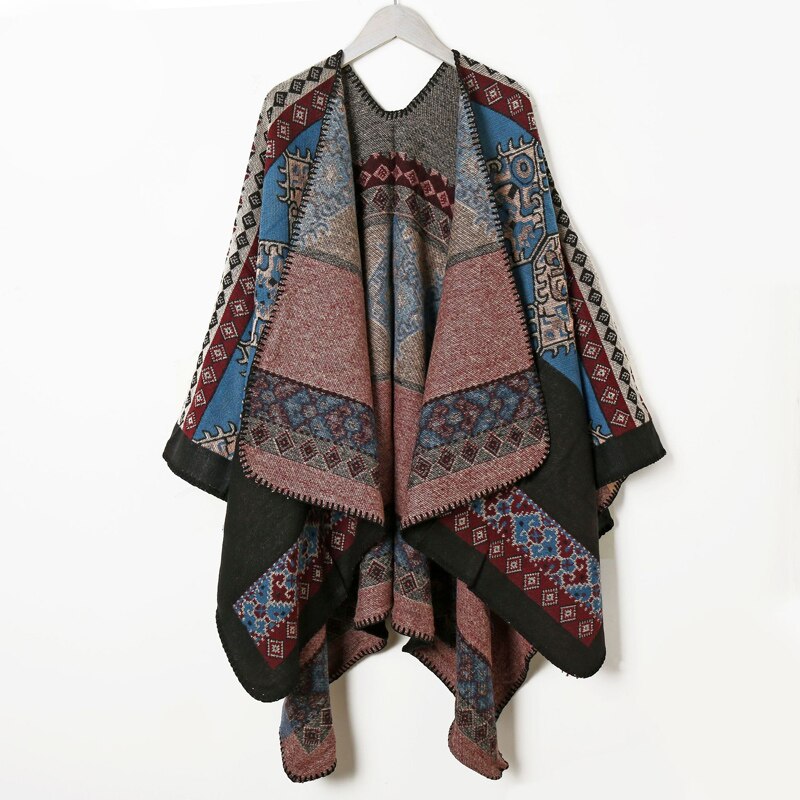 Poncho Maglione Doppio Strato Con Cappuccio – M&D, Lana Mista, Frange, Taglia Unica