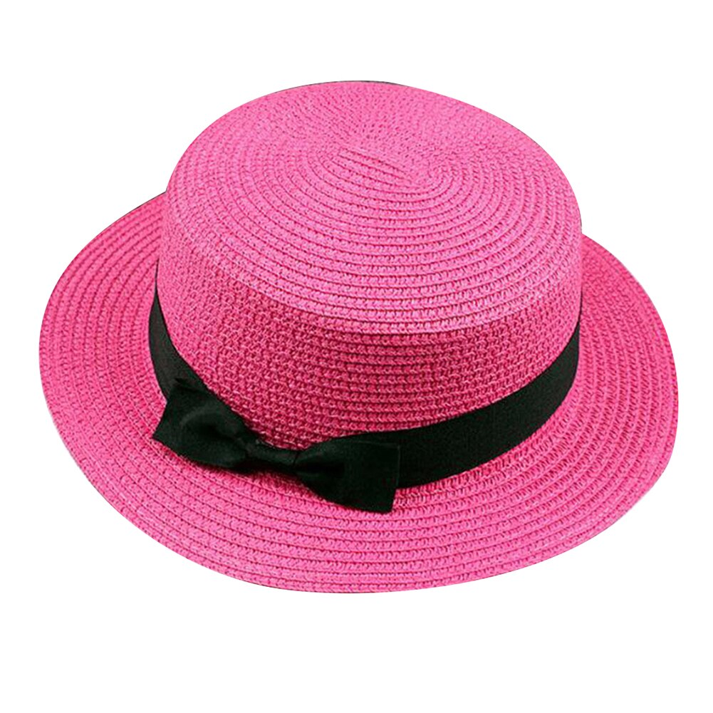 Sombrero plano redondo de paja para mujer, gorra de sol con lazo, cinta de verano, Color sólido