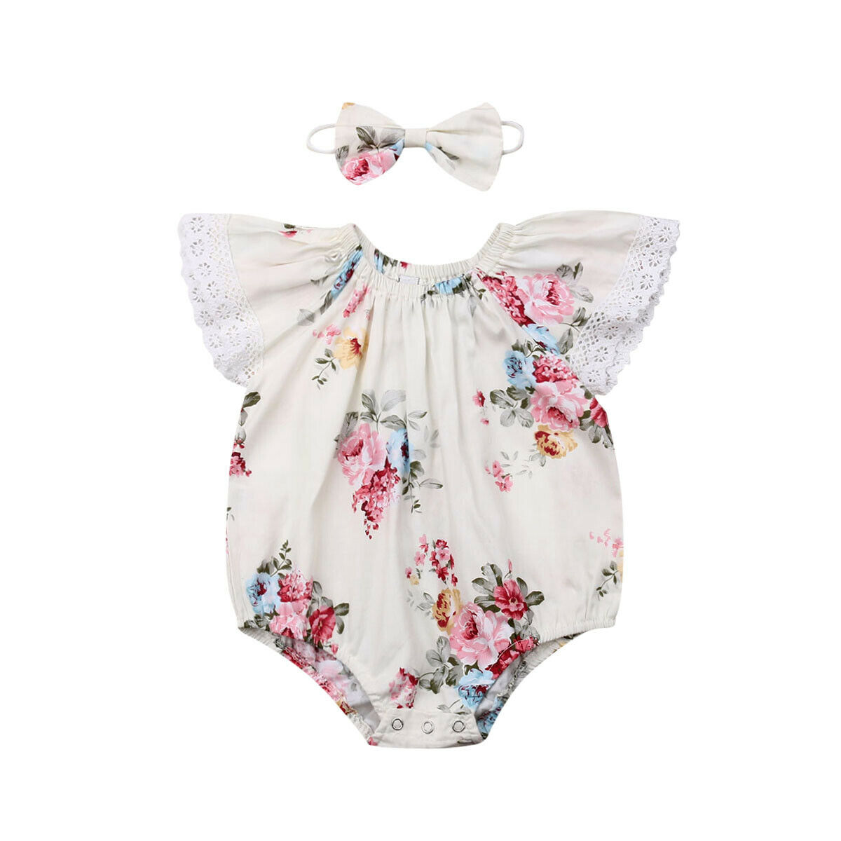 0-24M Infant Baby Girls Boys Summer Jumpsuits Headband 2pcs Floral Print Ruffles Short Sleeve Bodysuits Clothes Sets