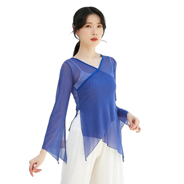 Klassiek Dansshirt Sexy V-Hals Body Rijm Transparant Gaas Jurk Vrouwen Chinese Folk Danser Performance Kostuum Lange Mouw: XXL / Beige