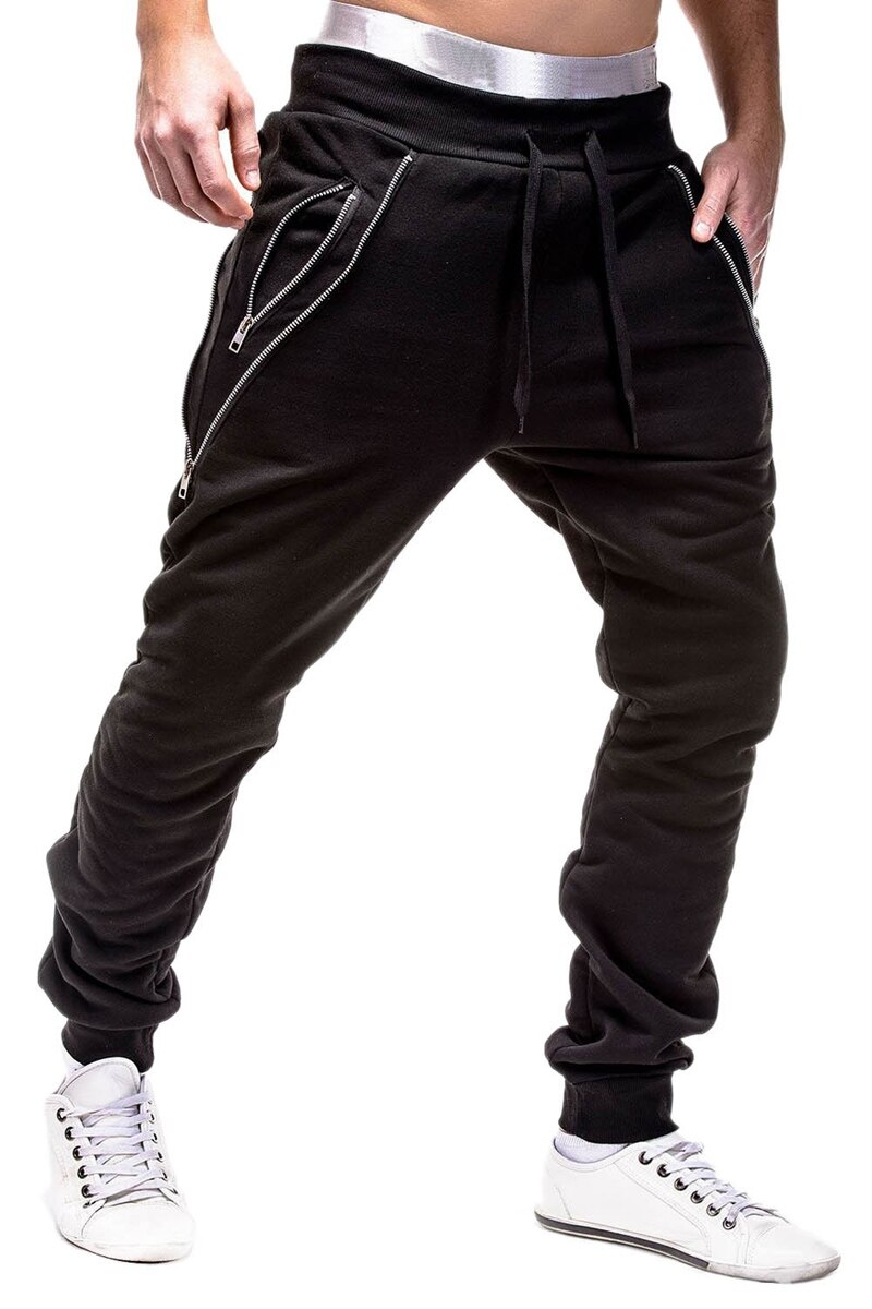 Men Pants Autumn and Winter Zipper Decorative Men's Casual Sports Pants: L / Black