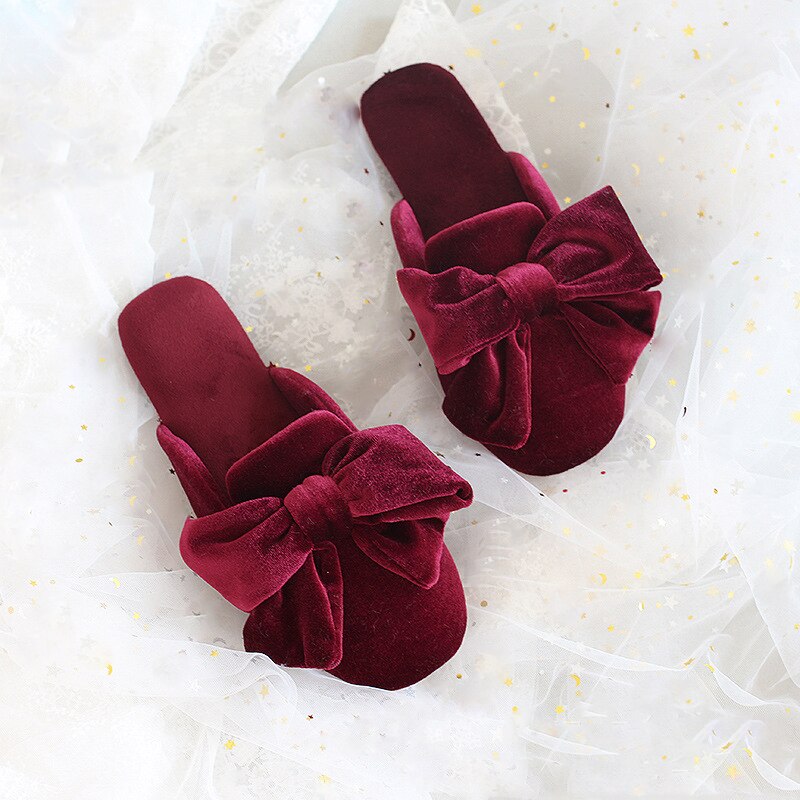 Kvinnors tofflor höst vinter hem golv tofflor rosett knut halkfri mjuk sula inomhus utomhus flip flop skor casual mules skor