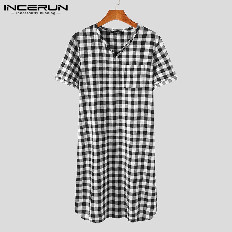 INCERUN Men Plaid Robes Homewear V Neck Short Sleeve Comfortable Leisure Nightgown Summer Soft Sleepwear Men Bathrobes S-5XL 7
