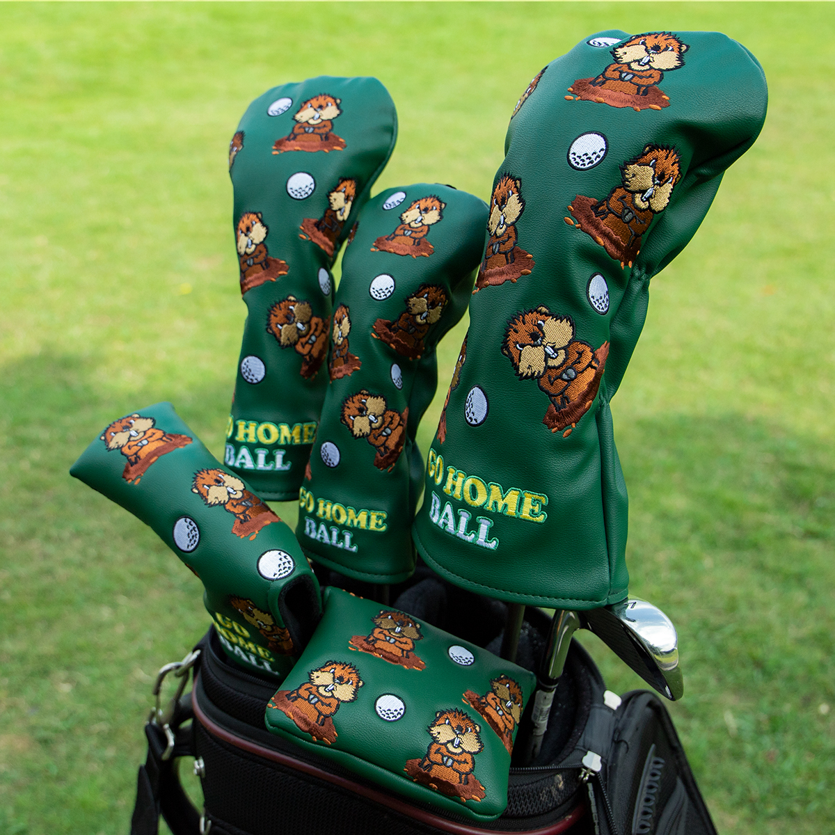Green Leather Groundhog Golf Driver Fairway Wood Hybrid/UT Headcover Club Head Cover Embroidery