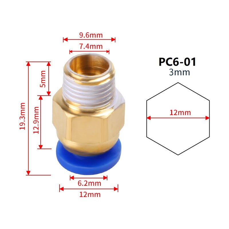 Connecteur pneumatique PC MEGA 4/6mm, pièces d'imprimante 3D à distance, Tube Air raccord rapide, coupleur de tuyau pour l'alimentation du filament 1.75/3mm 10 pièces: PC6-01 Blue 3mm