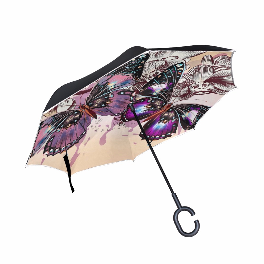 Creativo Farfalla Doppio Strato Invertito Ombrelli Antivento inversione Ombrello auto Del Basamento di Protezione Contro La Pioggia C-Gancio Mani per auto