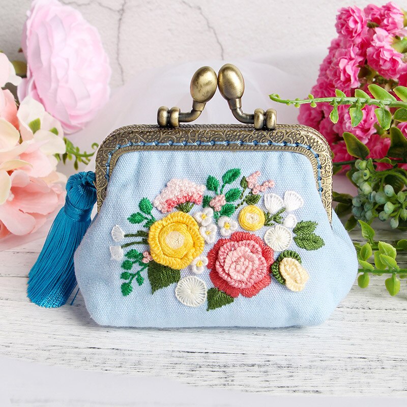 Bordado diy fita flores bolsa, carteira, bolsa de mão, ponto cruz kit para iniciante, bordado, artes de costura, presentes para amigos: Blue