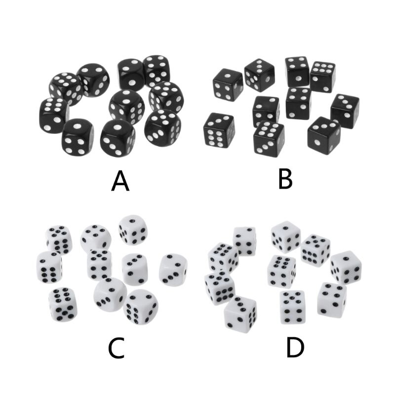 10Pcs 16Mm Acryl Dice Zwart/Wit 6 Zijdig Casino Poker Game Bar Partij Dobbelstenen