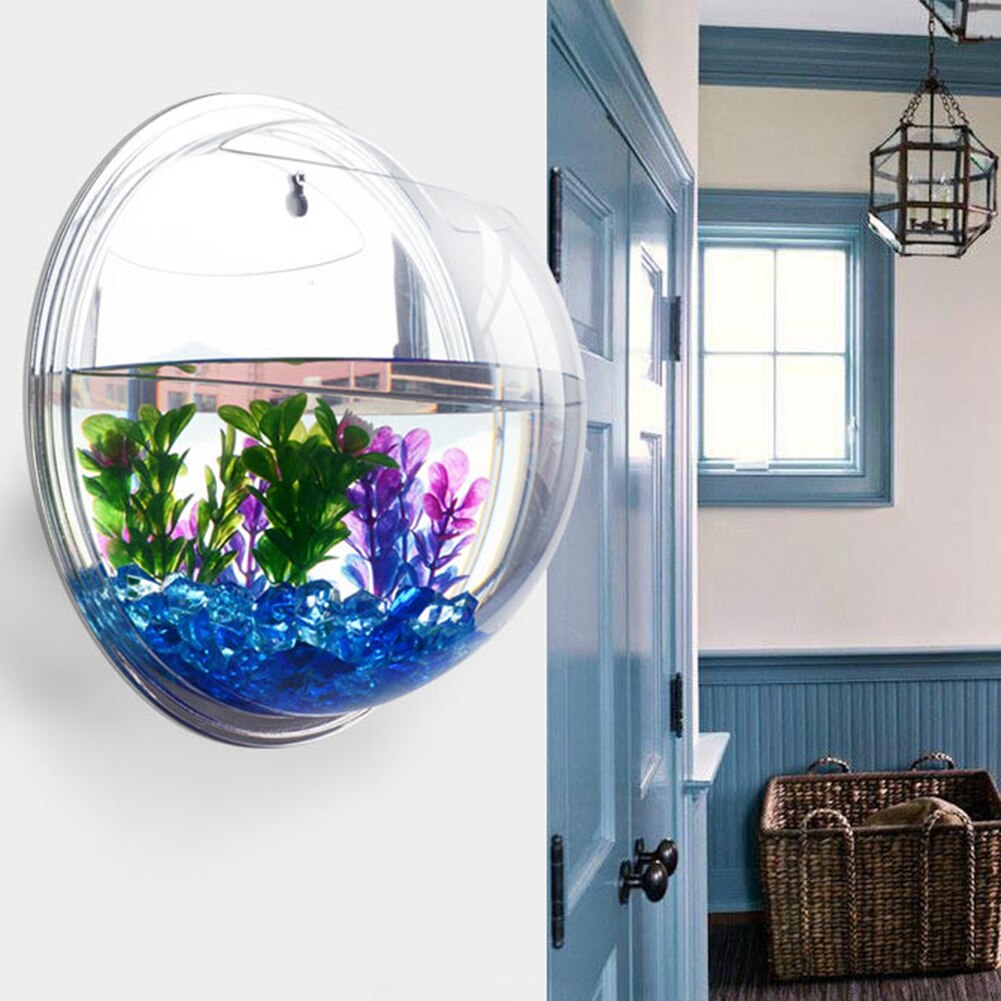 Acrylic Wall Mount Hanging Fish Bowl Aquarium Acrylic Tank Beta Goldfish Hanger Plant Transparent Fish Tank Wall Sticker Decor
