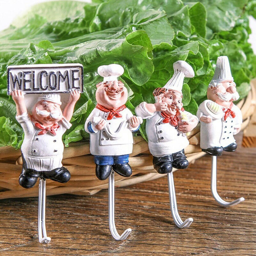 4pcs Kitchen Cartoon Chef Hook Resin Powerful Adhesive Hanger Wall Storage Resin + Stainless Steel Hooks