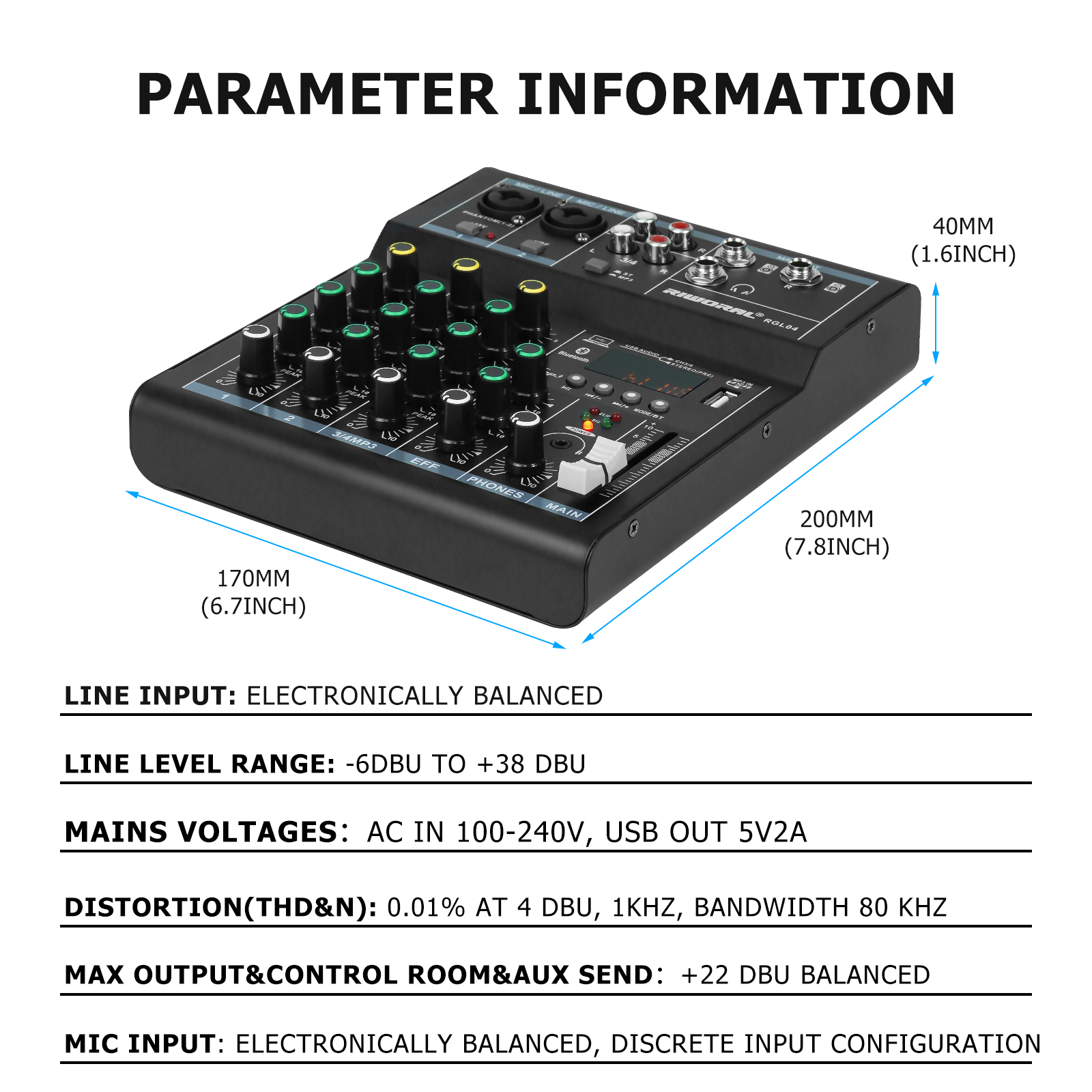 Mixer Audio Controller di registrazione e missaggio a 4 canali, mini interfaccia audio portatile, adatto per live: Black
