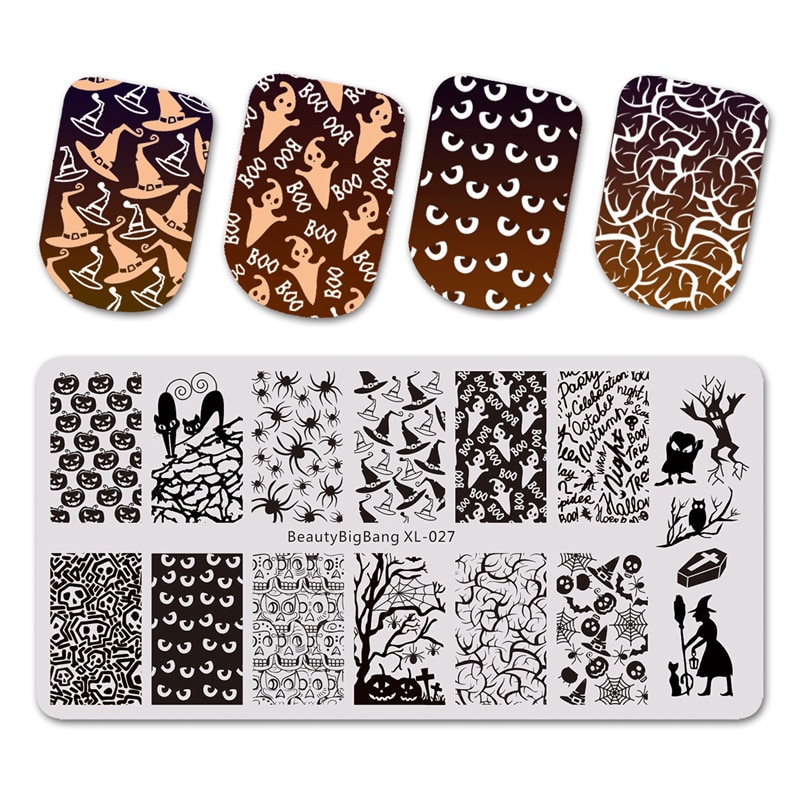 Beautybigbang negle stempling plader halloween edderkop kraniet græskar heks billede nail art skabelon stencil til negle bbb xl -027