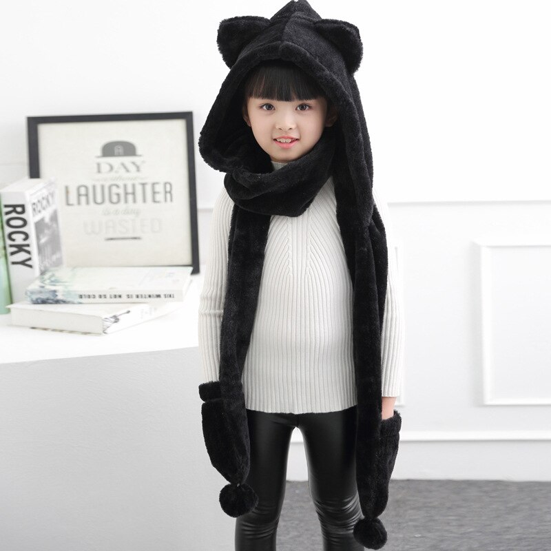 Conjunto de gorros y guantes de franela para niños y niñas, bufandas cálidas de invierno con dibujos animados, Unisex, 3 uds.: black
