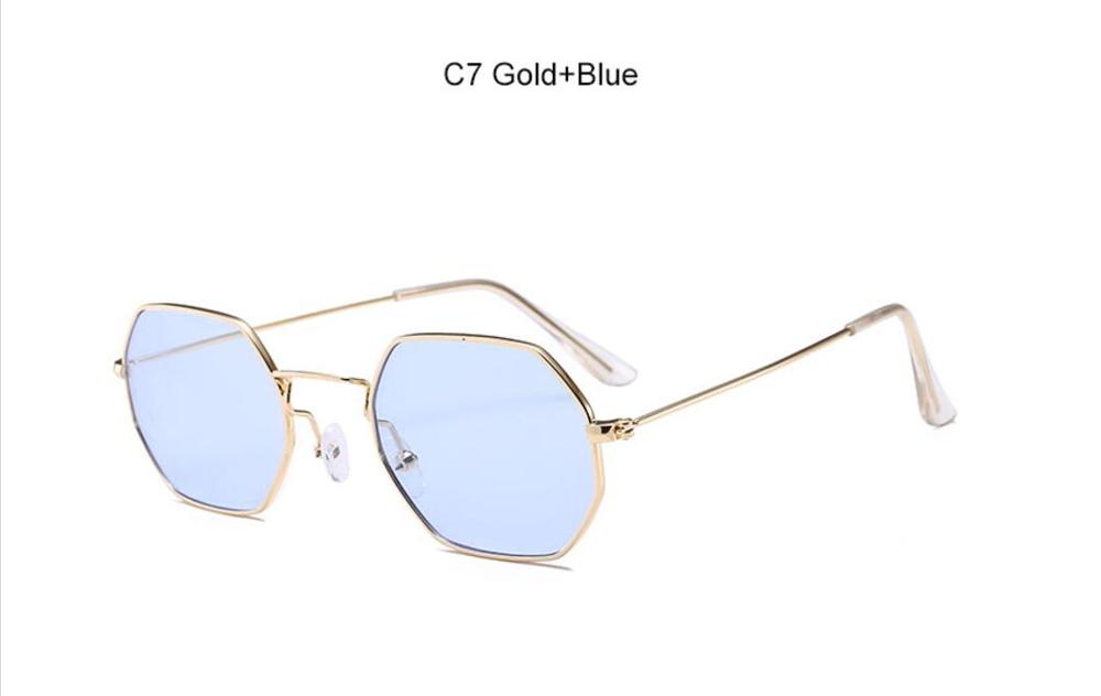 90's hexagon zonnebril vrouwen classic Platte Lens Clear Zonnebril mannen mannelijke retro kleine metalen frame zonnebril vierkante glazen: C7 Gold Blue