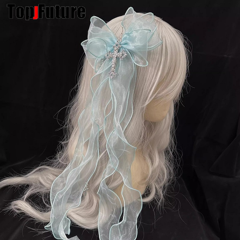 One Hair Clip Y2K girl Harajuku Gothic Lolita Subculture Accessories Lace Bow Ruffle Ribbon Hair clips pins Hairpin Barrettes: SKY BLUE
