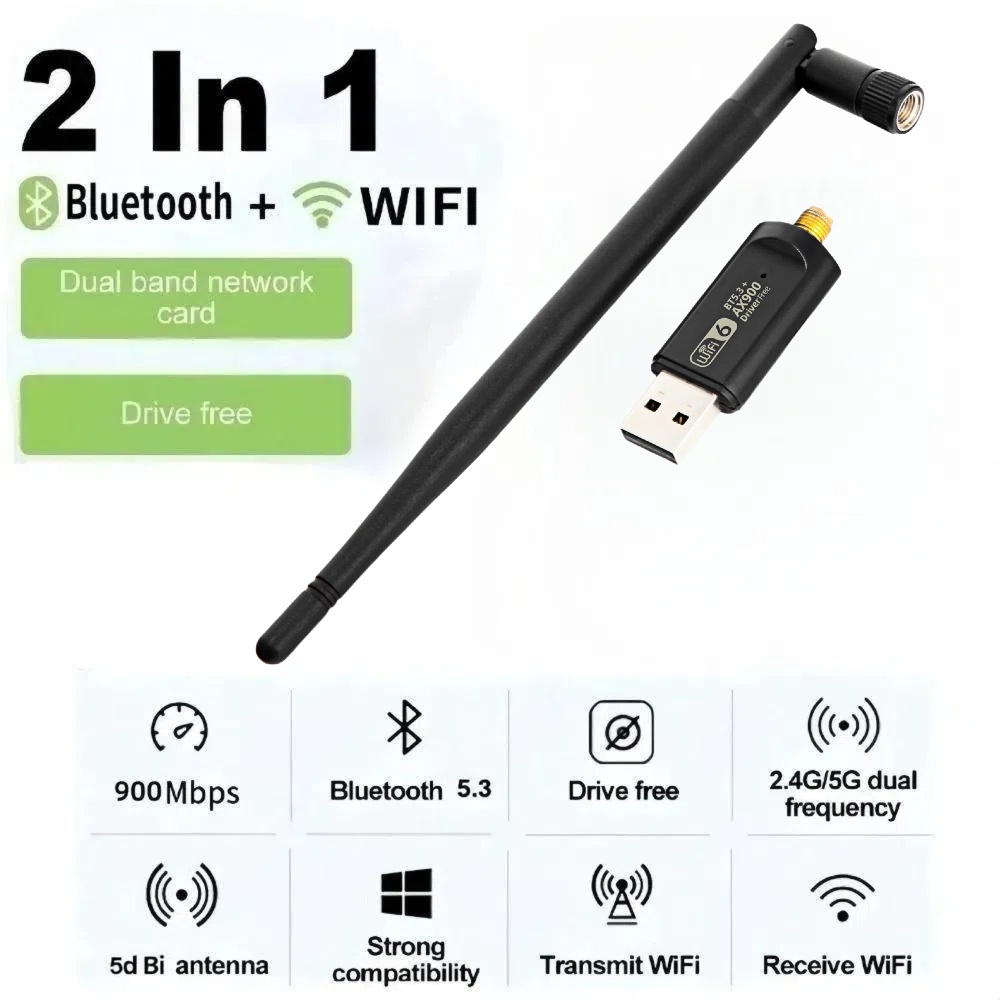 900Mbps WiFi USB Adapter 2 in 1 Bluetooth 5.3 Wifi6 Network Card 2.4G/5Ghz 5dbi Antenna USB Dongle Receiver Free Driver For PC: WHITE