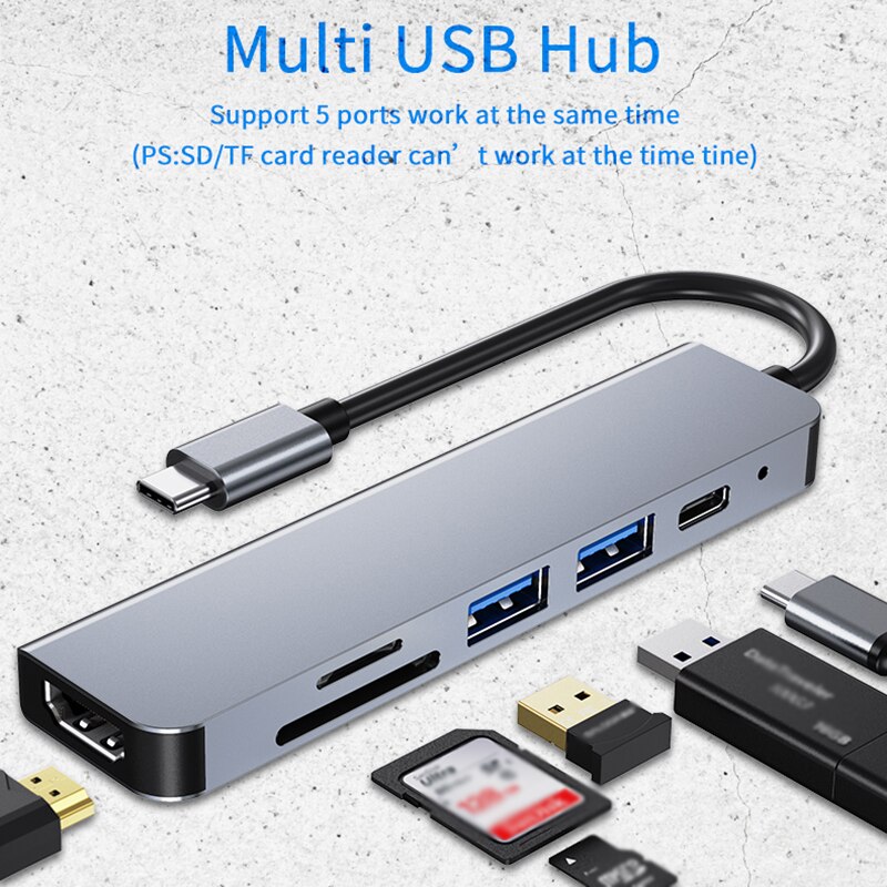 Concentrador de red USB tipo C 6 en 1 A Multi USB 3,0/2,0, lector de tarjetas Compatible con HDMI, para Huawei Mate 30, Samsung S10, USB-C