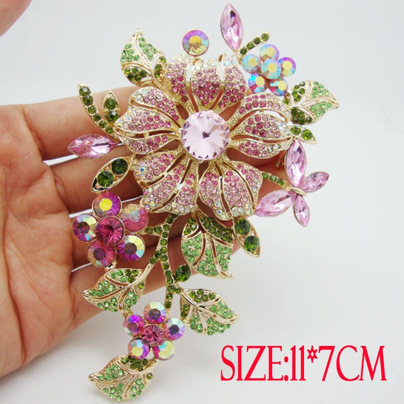 Big Pink Crystal Flower Brooch Rhinestone Pin Romantic Wedding Bride Bridesmaid Large Brooches For Woman Jewelry