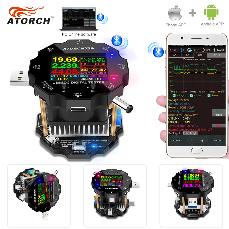 Farve app batteri tester elektronisk belastning 18650 kapacitet monitor indikator afladning opladning usb meter  dc 12v strømforsyning checker