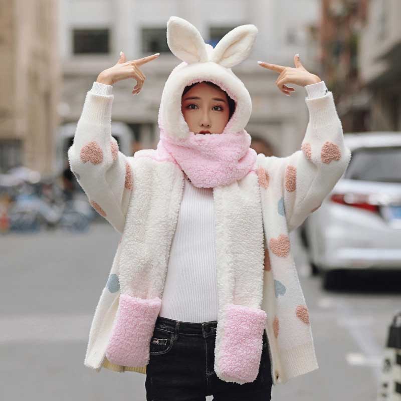 Nyeste baby forældre-barn søde kanin øre fløjl vinter dobbelt lag hat + tørklæde + handsker halsvarmer jakkesæt til barn voksen: En voksen