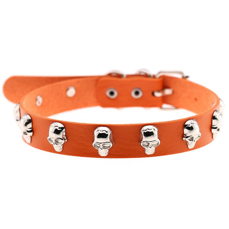 Trendy Punk Rock Silver Color Alloy Skull Leather Choker Necklace For Women Men Collar Jewelry: Orange