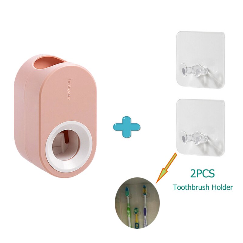 Toothpaste Squeezer Set With Toothbrush Holder Adhesive Automatic Toothpaste Dispenser For Kid Adult Bathroom badkamer accessory: Pink 02