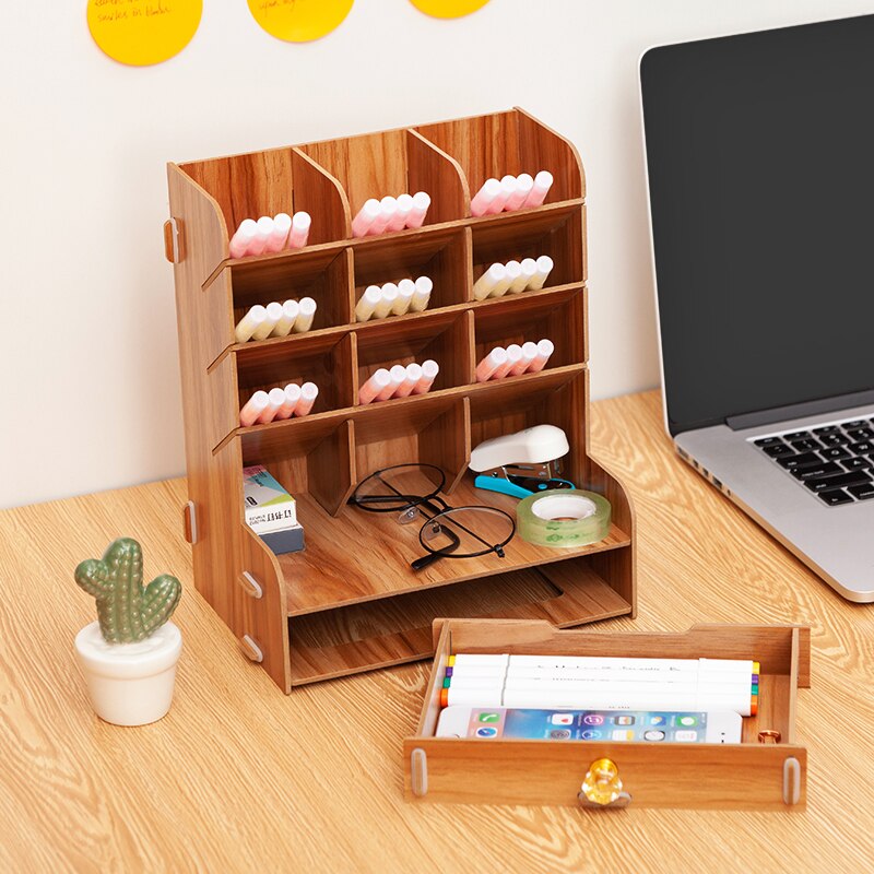 Wooden Desk Organizer Multi-Functional DIY Pen pencil Holder Box Desktop Stationary Home Office Supply Storage Rack
