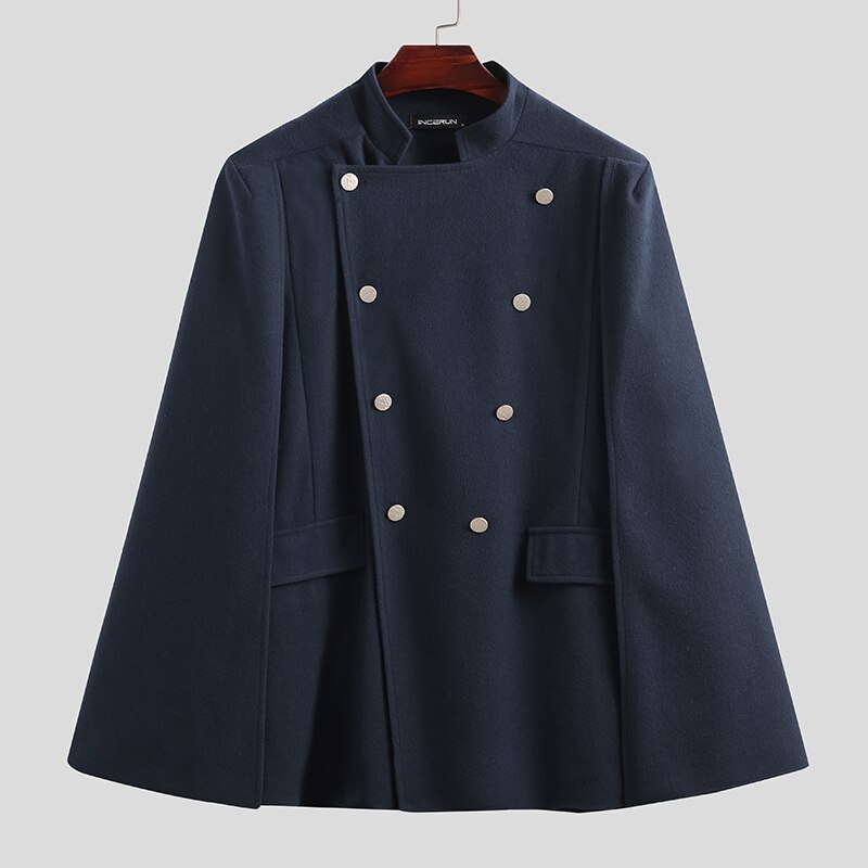 Men Cloak Coats Solid Color Double Breasted Trench Faux Fleece Blends Cape Stand Collar Mens Jackets Streetwear INCERUN: 4XL