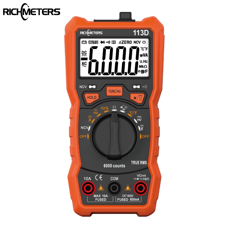 RICHMETERS RM113D NCV Digital Multimeter 6000 counts Auto Ranging AC/DC voltage meter Flash light Back light Large Screen 113A/D