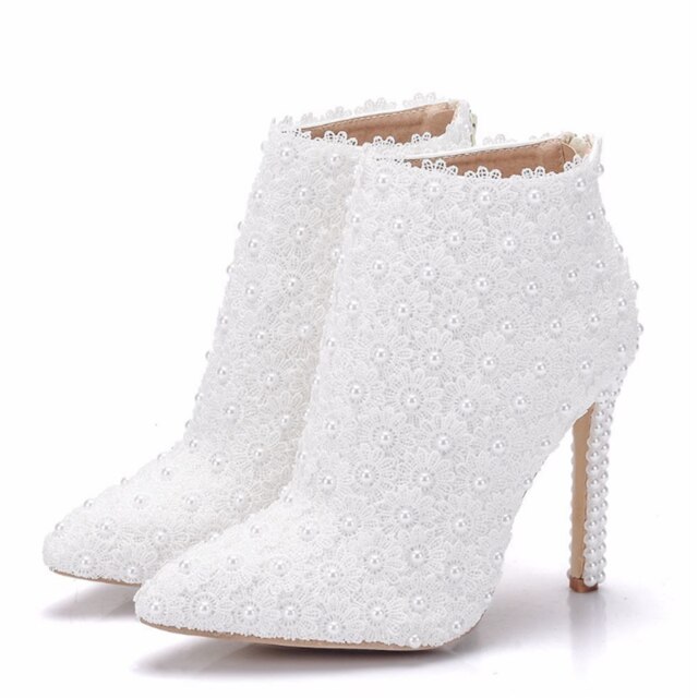 Lederen Laarzen Vrouwen Hoge Hak Enkellaarsjes Puntschoen Parel Kant Trouwschoenen Lente Herfst Parel Hak Witte Korte Laarzen: 37