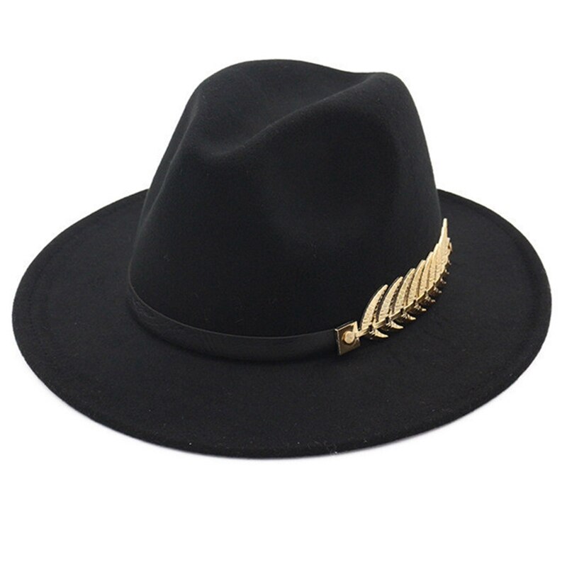 Sombrero de lana de estilo británico para hombre y mujer, gorro de lana de estilo británico, con plumas de hoja dorada, de fieltro de ala grande, Unisex: BK