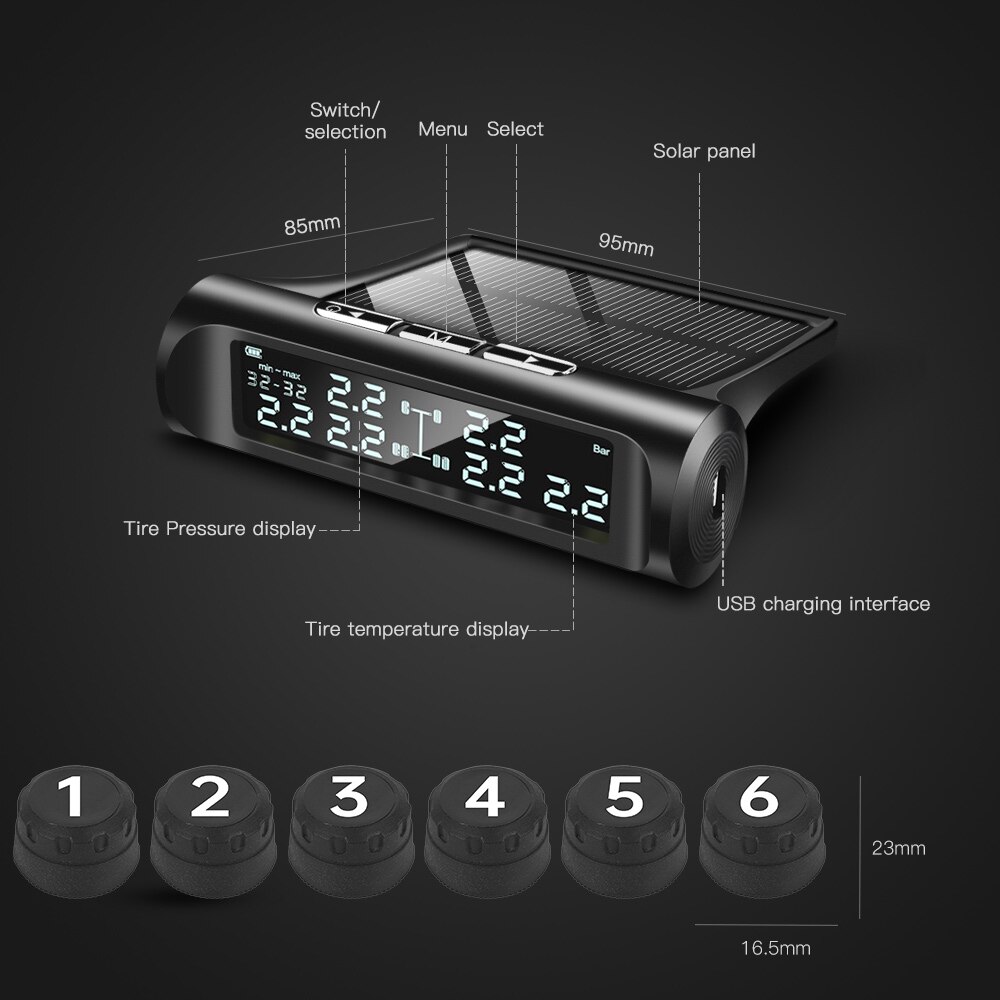 Auto Vrachtwagen Bandenspanningscontrolesysteem 14 Bar Lcd-scherm Vrachtwagen Tpms Solar Bandenspanning Real-Time Alarm 6pcs Externe Sensor