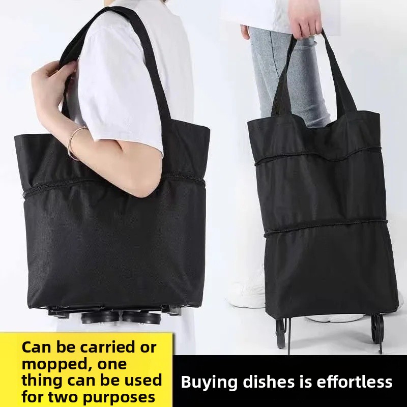 Shopping Bag with Wheels Foldable Hand Pull Extendable Vegetable Buying Car Casual Polyester Fiber Home Use Logo Addable: black